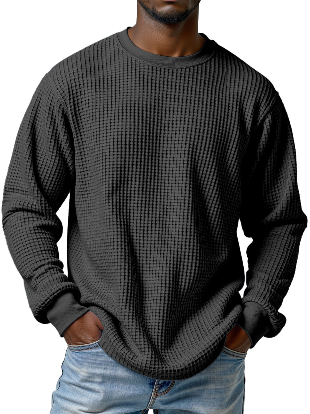 Men's Casual Solid Color Waffle Round Neck Long Sleeve T-shirt