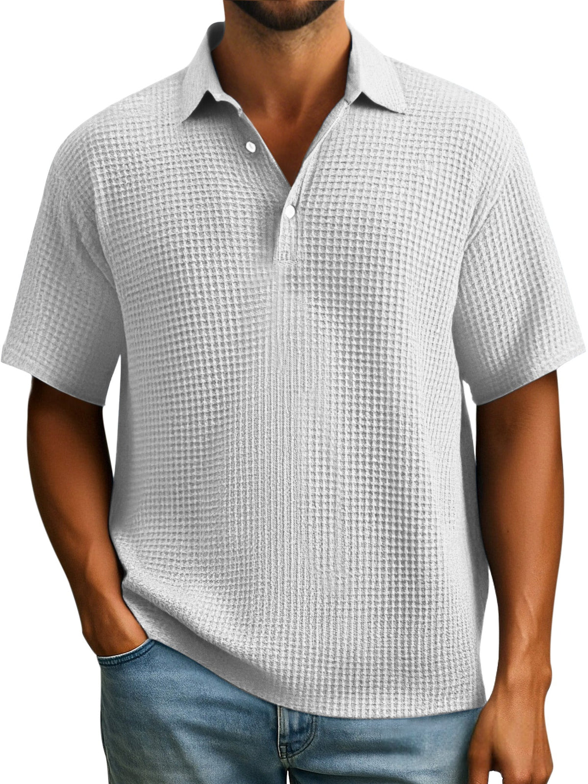 Men's Simple Everyday Solid Color Waffle Button Lapel Short Sleeve Polo Shirt