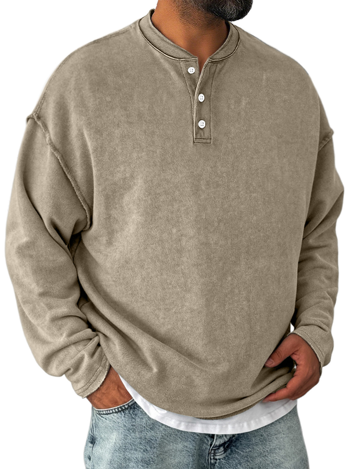 Men's Retro Casual Stand Collar Button-Down Long Sleeve Henley Shirt