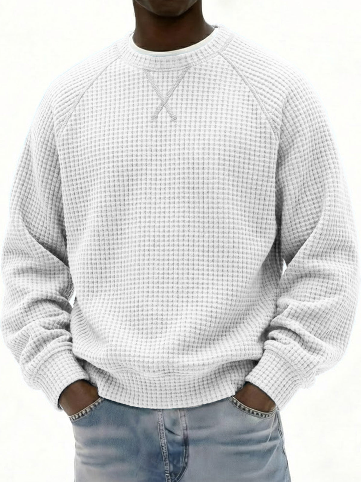 Men's Breathable Waffle Texture Patchwork Design Raglan Minimalist Pullover Top