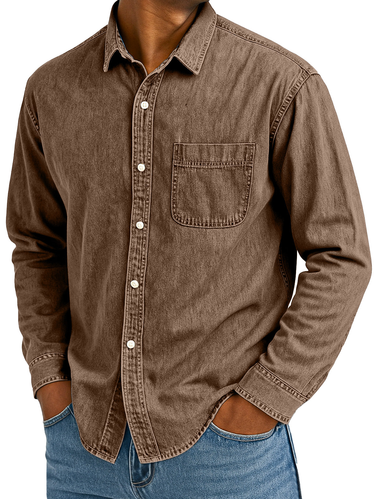 Men's Retro Casual Solid Color Loose Lapel Long Sleeve Shirt With Pockets