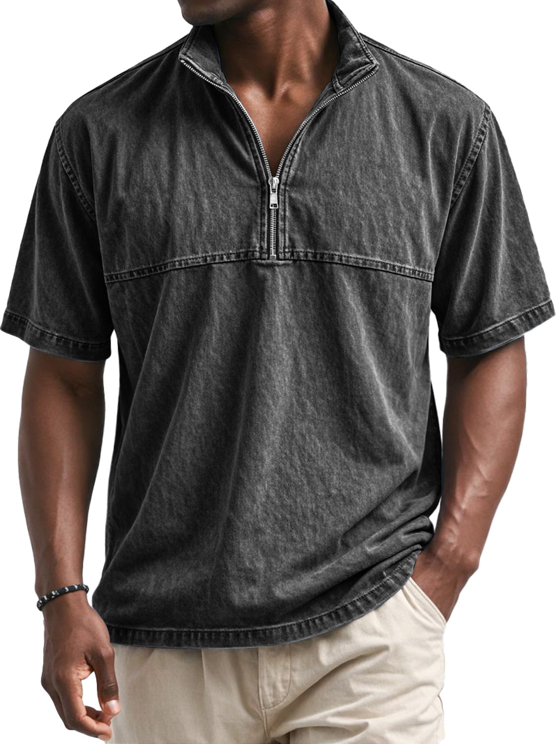 Men's Vintage Stand-collar Short-sleeved T-shirt With Zipper And Panel Design