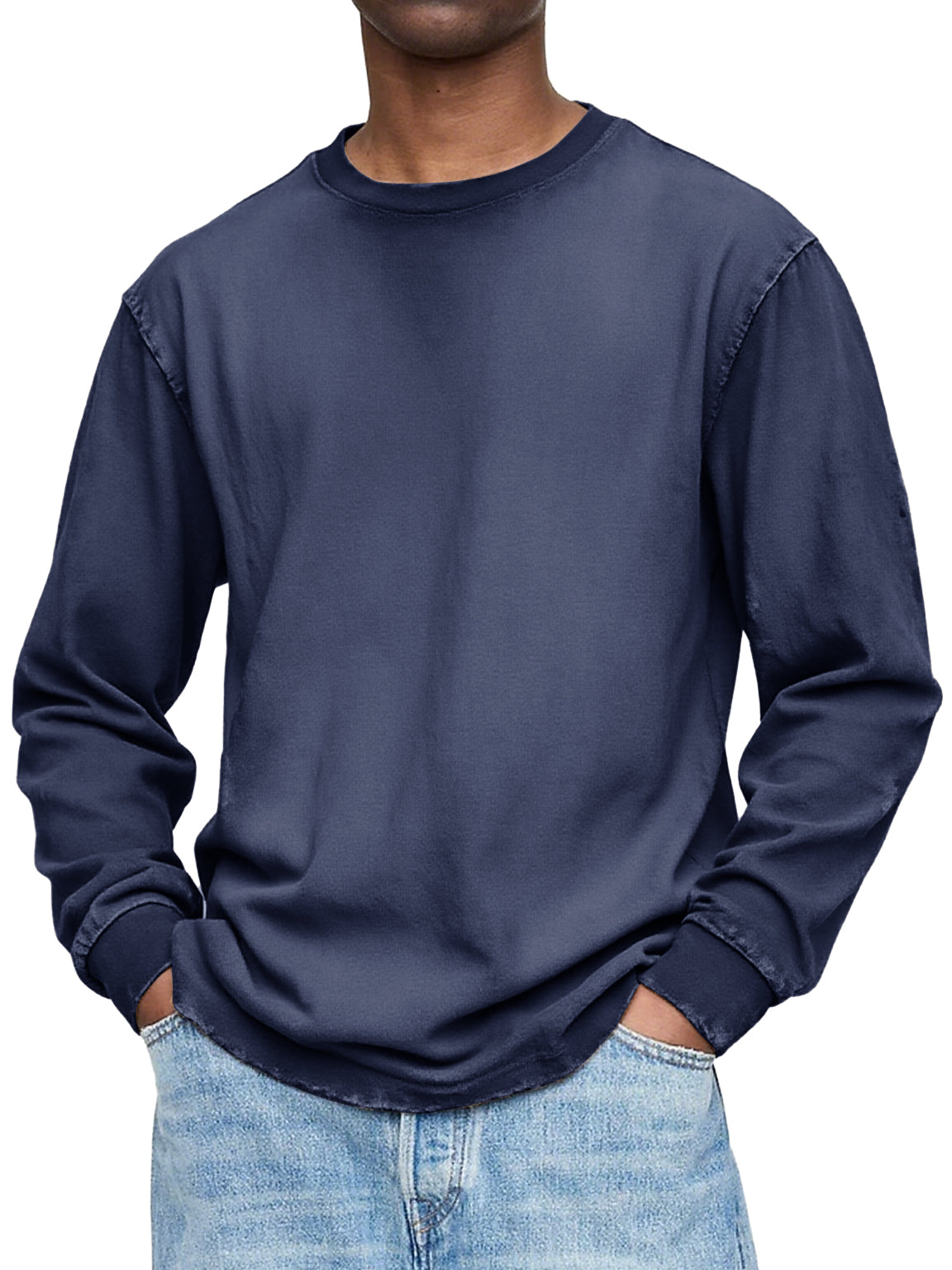 Men's Vintage Washed And Distressed Cotton Crew Neck Long Sleeved T-shirt