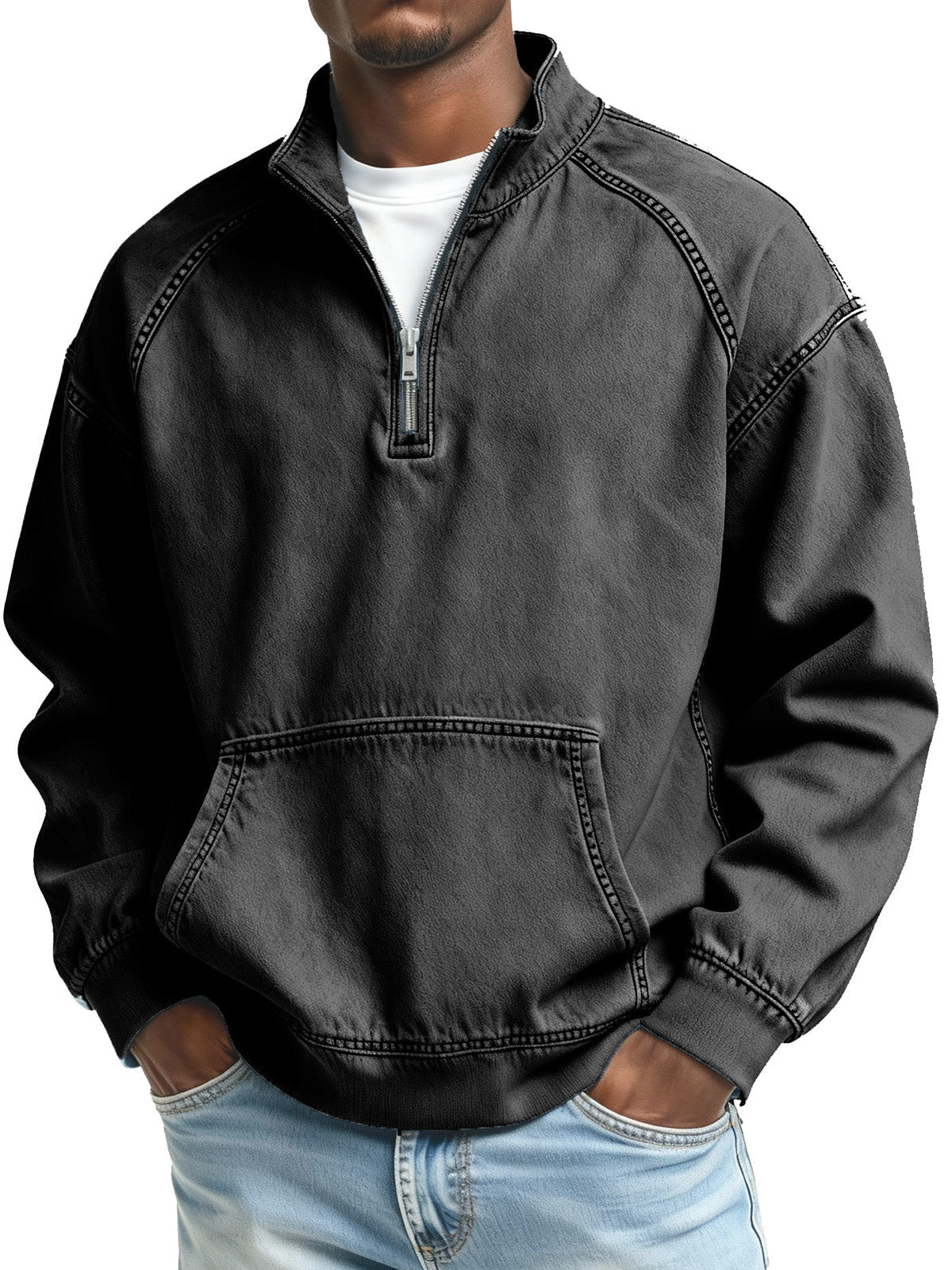 Men's Fashionable Retro Stand Collar Raglan Pocket Long Sleeve Top