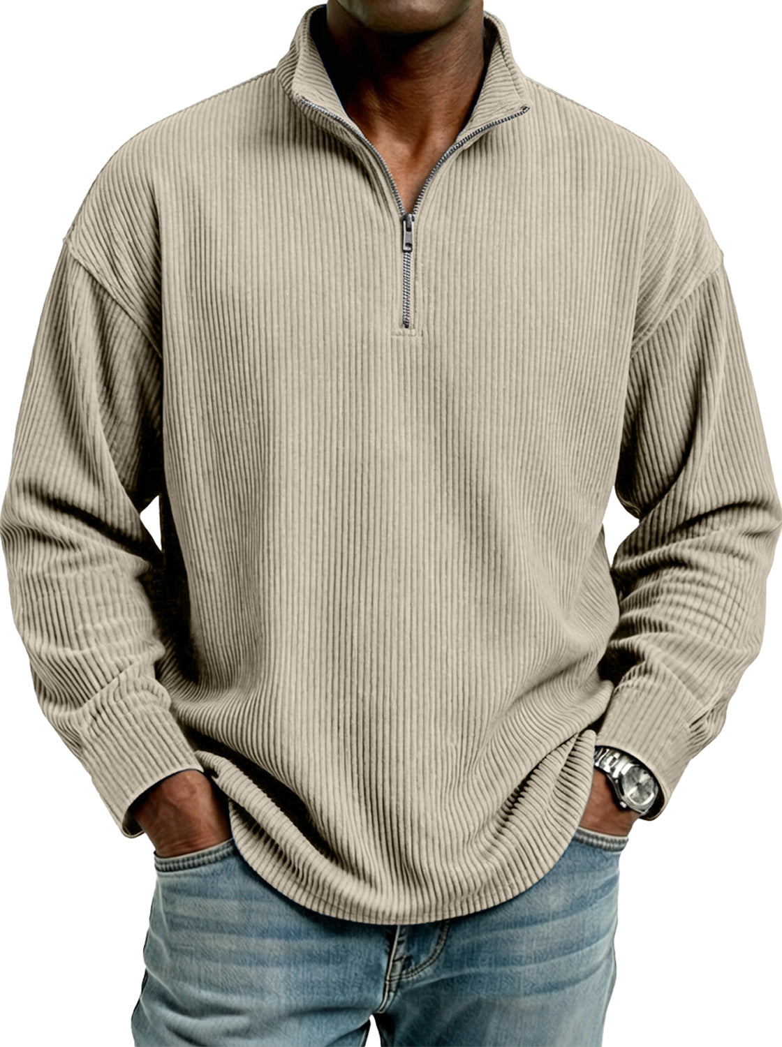 Men's Stand Collar Zipper Ribbed Comfortable Long-Sleeve T-Shirt