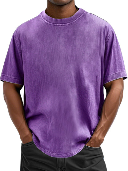 Men's 100% Cotton Casual Basic Versatile Washed Distressed Retro Short-sleeved T-shirt