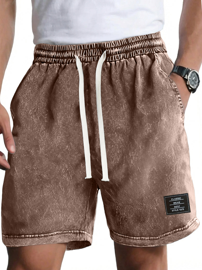Men's Vintage Washed Distressed Cotton Embroidered Logo Multi-pocket Shorts