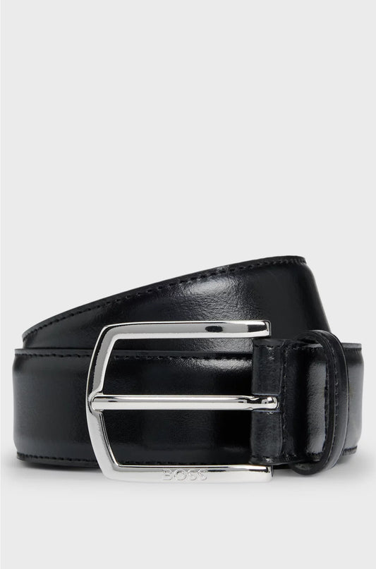 ITALIAN-LEATHER BELT WITH POLISHED LOGO BUCKLE