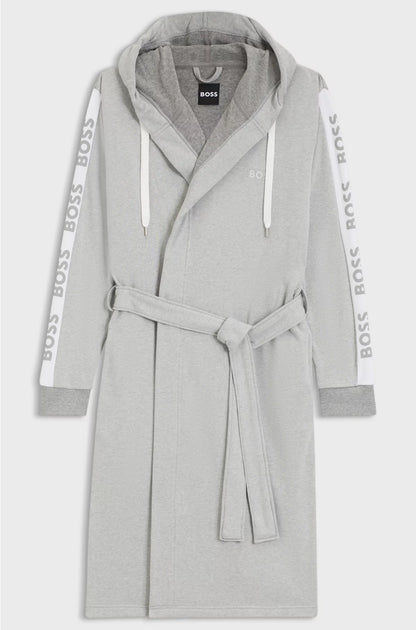 HOODED GREY DRESSING GOWN WITH LOGO-PRINT SLEEVES