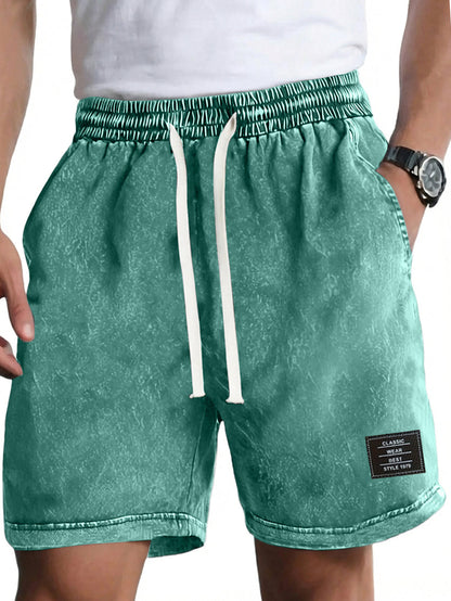 Men's Vintage Washed Distressed Cotton Embroidered Logo Multi-pocket Shorts